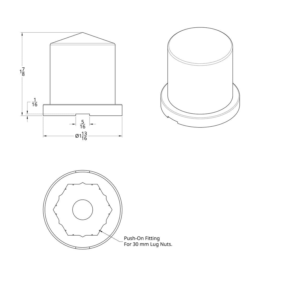 30mm X 1-7/8" Chrome Plastic Pointed Nut Cover - Push-On