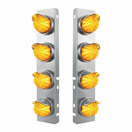 SS Front Air Cleaner Bracket With 8X 17 Amber LED Beehive Lights &amp; SS Visors For Peterbilt -Amber Lens