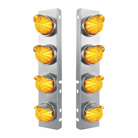SS Front Air Cleaner Bracket With 8X 17 Amber LED Beehive Lights & SS Visors For Peterbilt -Amber Lens