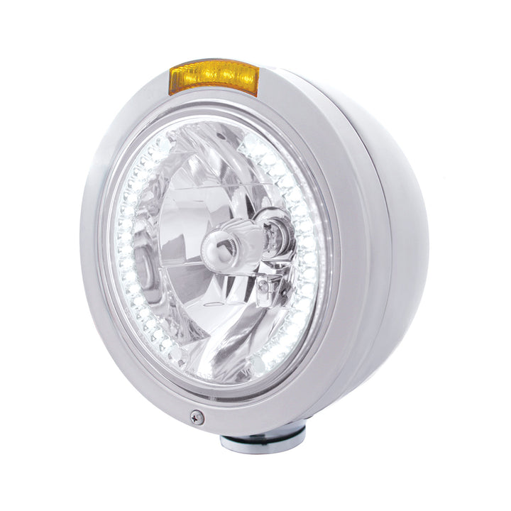 Stainless Steel Bullet Classic Headlight H4 With White LED &amp; Signal - Amber Lens