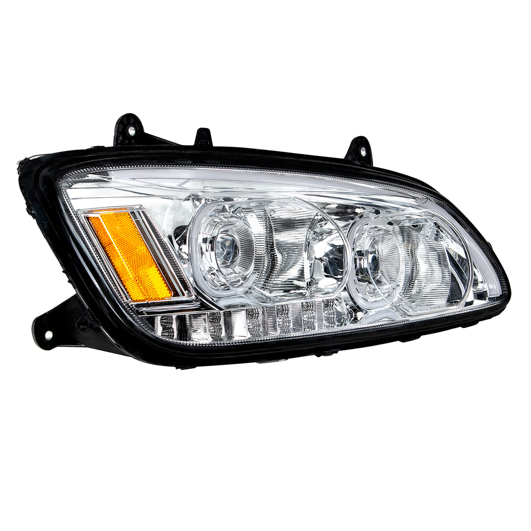 Chrome LED Headlight With LED Turn Signal &amp; LED Position Light Bar For 2008-2017 Kenworth T660 - Passenger