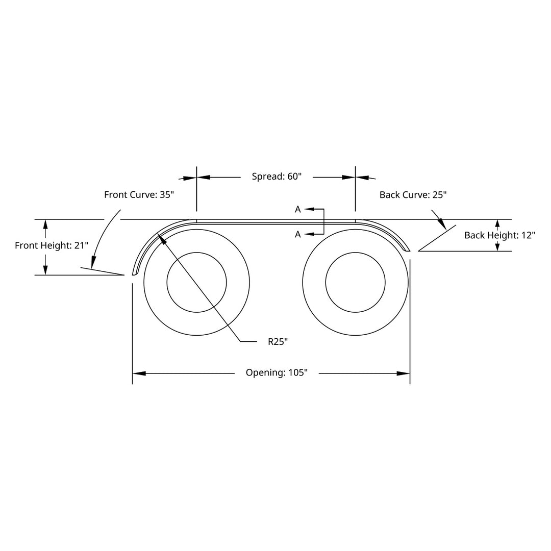 120" 430 Stainless Steel (16ga) Roll  Formed Edge Smooth Full Fender 60" Spread - SS Series (Pair)