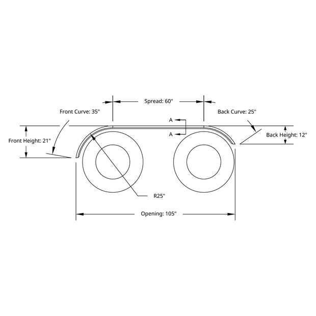 120" 430 Stainless Steel (16ga) Roll  Formed Edge Smooth Full Fender 60" Spread - SS Series (Pair)