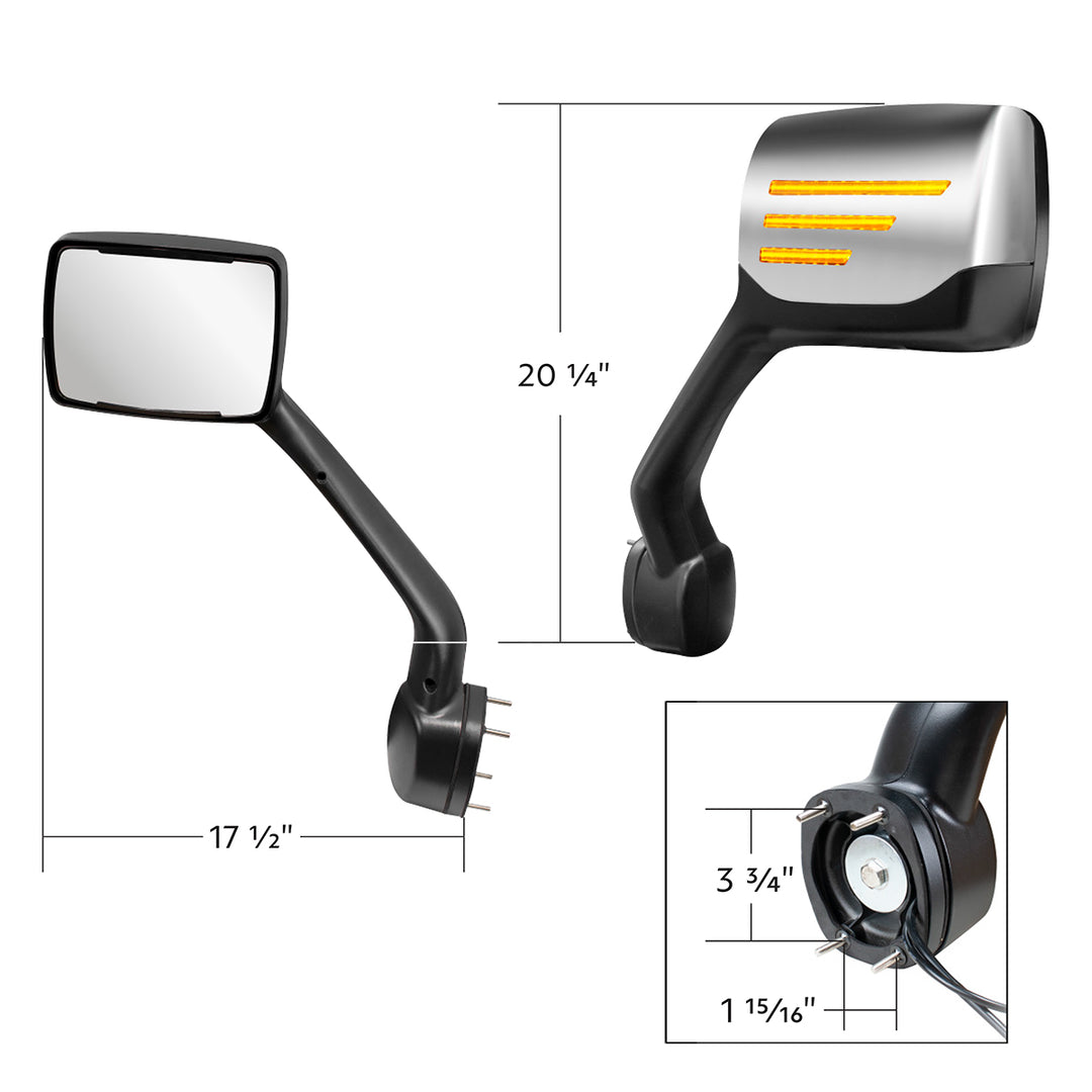 Chrome Hood Mirror Assembly W/ Sequential LED Turn Signal For 2013-2021 Kenworth T680 &amp; Peterbilt 579 - Driver