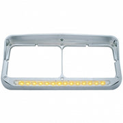 14 LED Chrome Rectangular Dual Headlight Bezel With Visor - Amber LED/Clear Lens