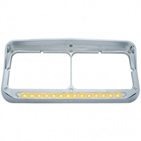 14 LED Chrome Rectangular Dual Headlight Bezel With Visor - Amber LED/Clear Lens