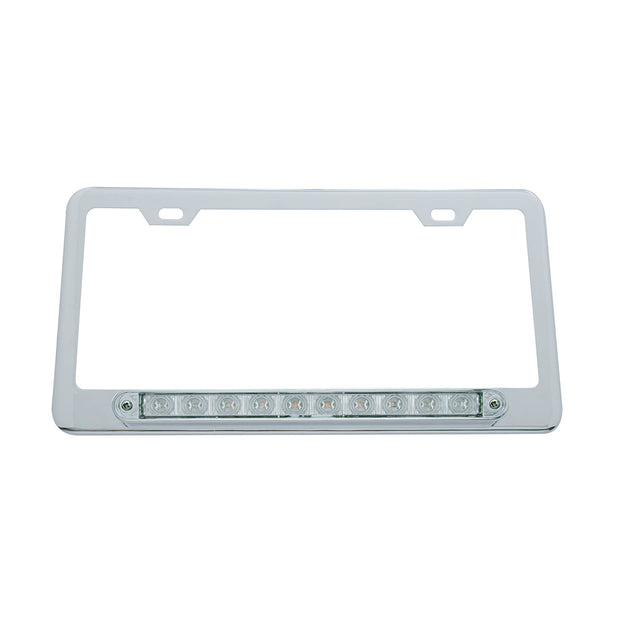 Chrome License Plate Frame With 10 LED 9" Light Bar - Amber LED/Clear Lens