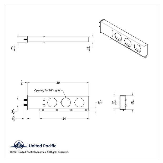 2-1/2" Bolt Pattern 430 SS Spring Loaded Light Bar With Three 4" Light Cutouts (Pair)