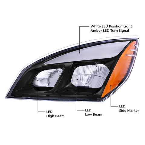 Black LED Headlight For 2018-2024 Freightliner Cascadia - Driver