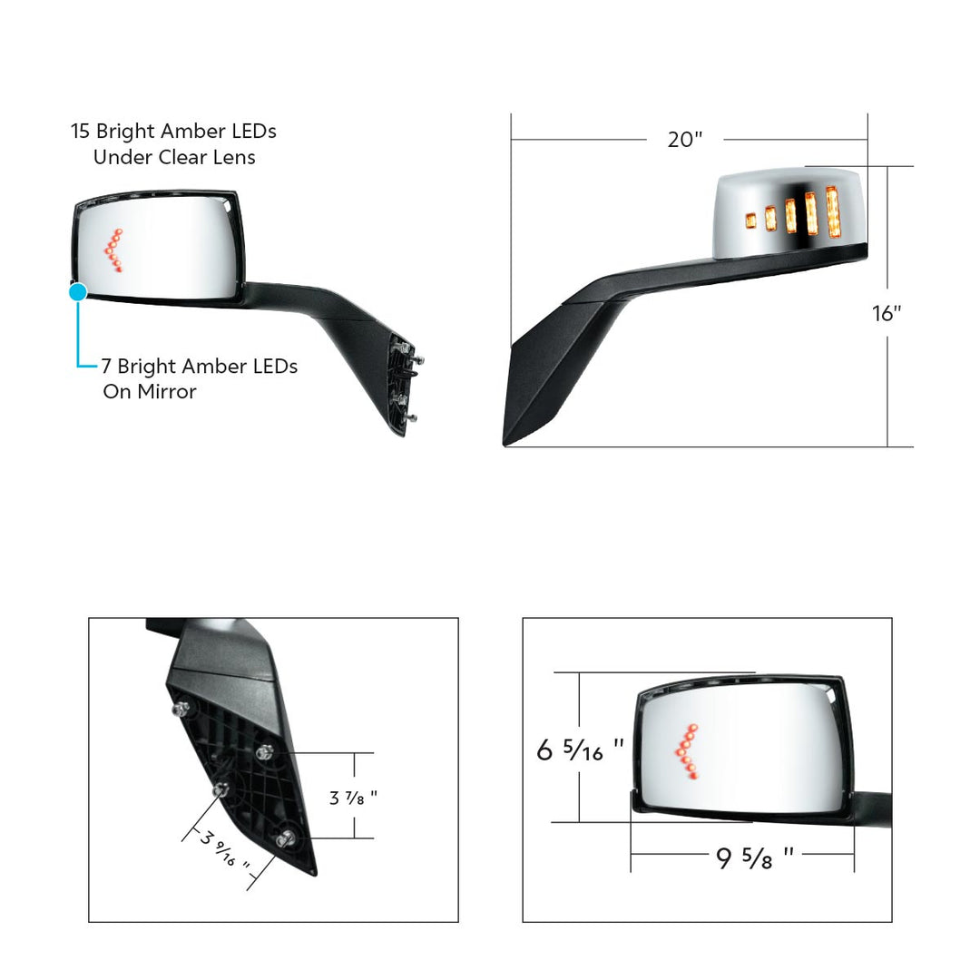 Hood Mirror Assembly W/LED Lights On Mirror Cover &amp; Glass For 2018-2024 Volvo VNL - Driver