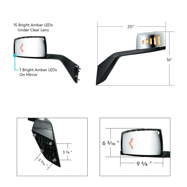 Hood Mirror Assembly W/LED Lights On Mirror Cover &amp; Glass For 2018-2024 Volvo VNL - Driver