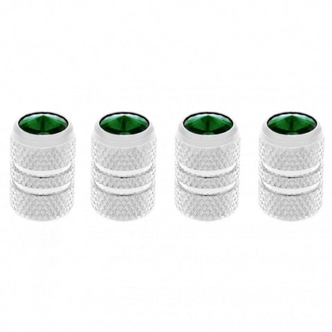 Chrome Tubular Valve Caps With Green Crystal (Set of 4)