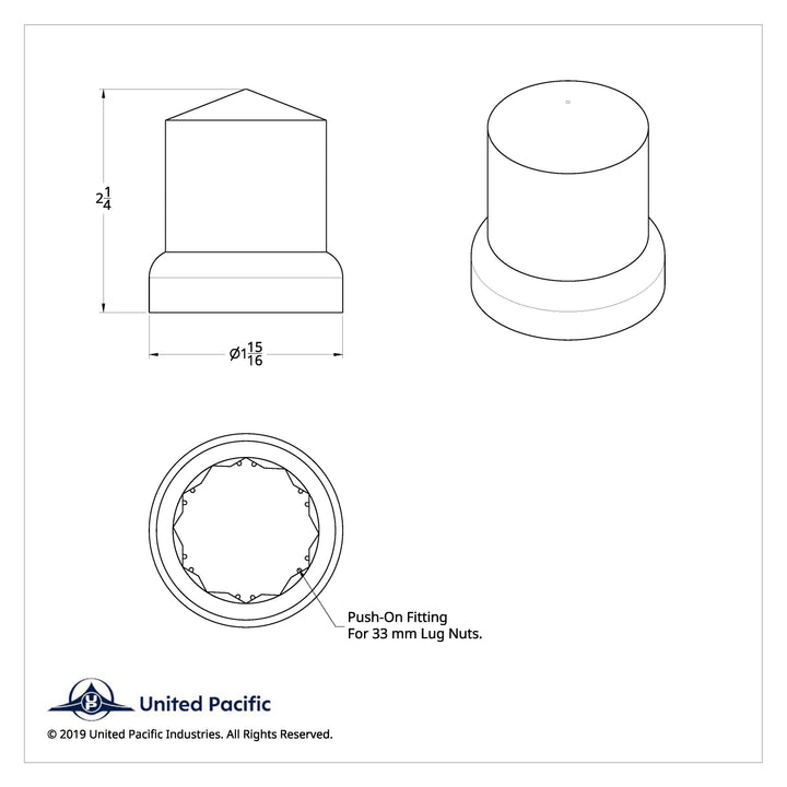 33mm x 2-1/4" Chrome Plastic Pointed Nut Covers - Push-On With Flange (Color Box of 10)