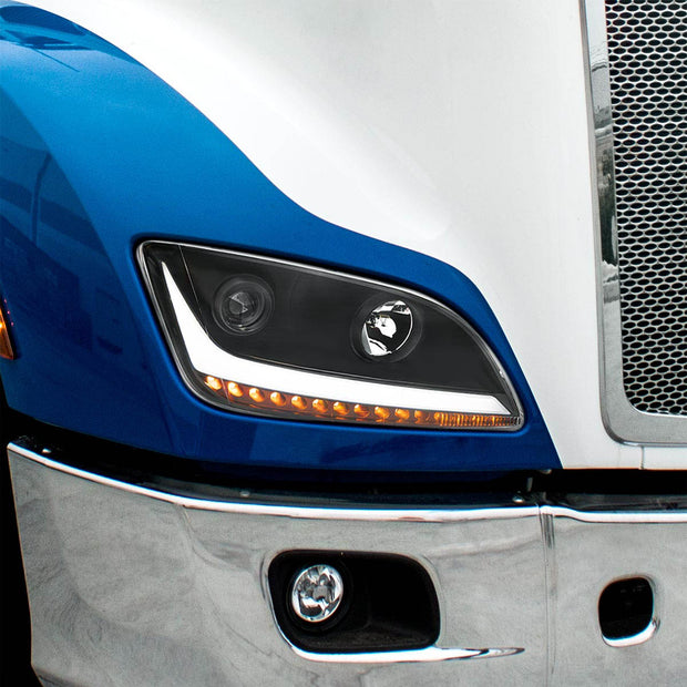 Black Projection Headlight With LED Position & Sequential Signal For 2012-2021 Peterbilt 579- Passenger