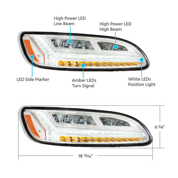 Chrome 6 LED Headlight For Peterbilt 386 (2006-2016) & 387 (2000-2011)- Passenger
