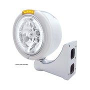 Stainless Steel Classic Half Moon Headlight H4 With White LED & Signal - Amber Lens