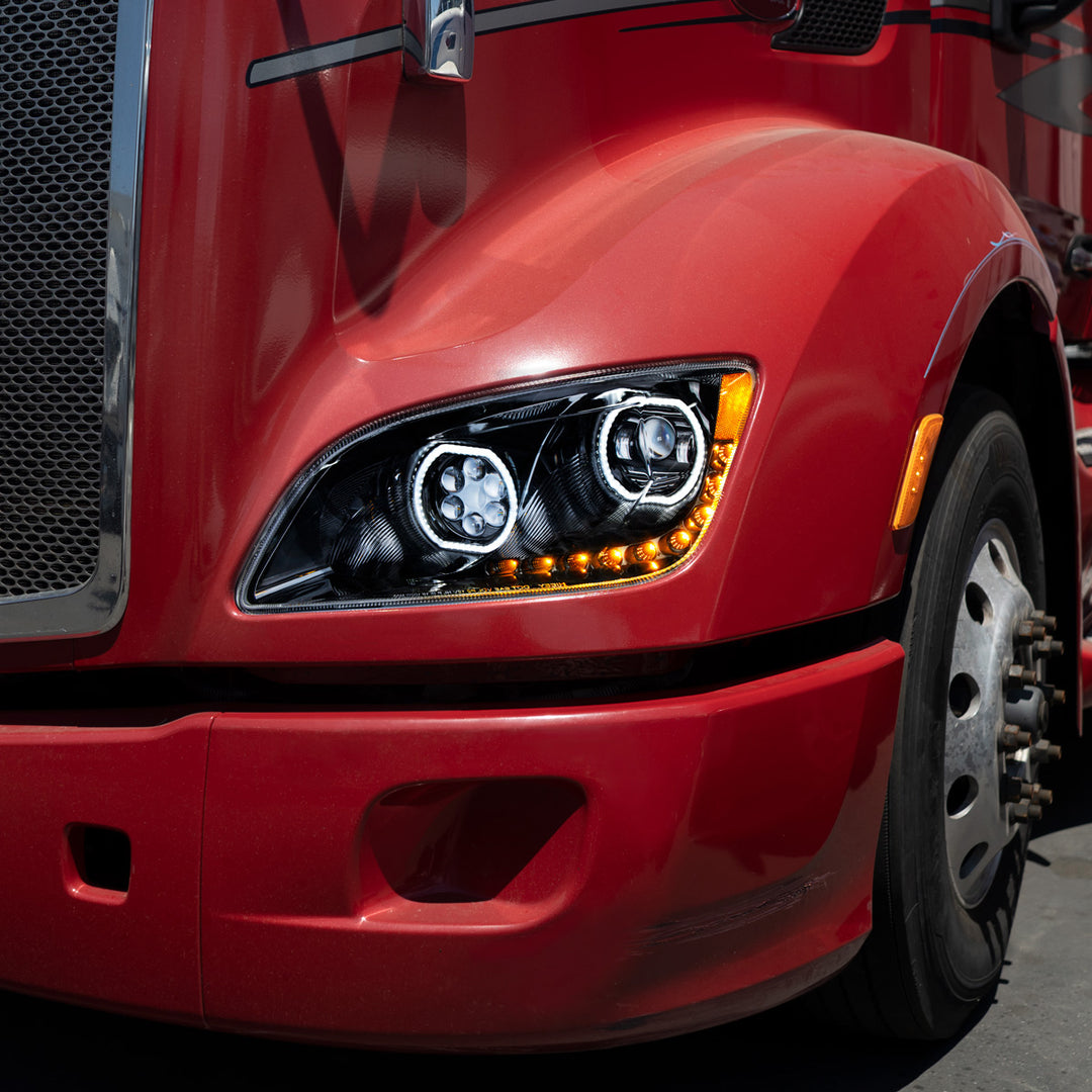 Black 10 LED Headlight For Peterbilt 587 (2010-2016) &amp; 579 (2012-2021) - Driver Side
