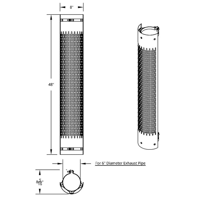 48" Tall 180 Degree Stainless Exhaust Muffler Shield For 6" Diameter Exhaust - Vertical Slot
