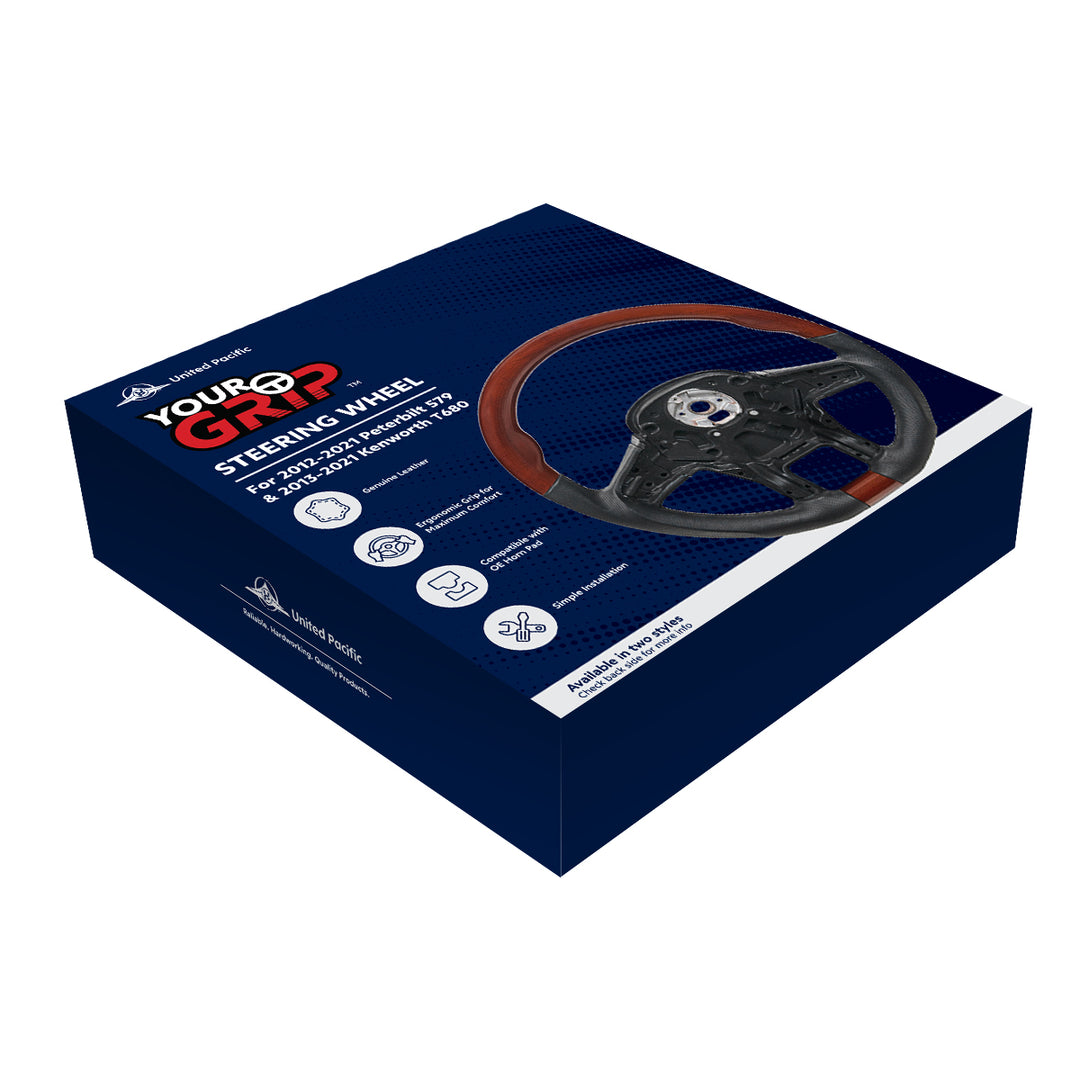 18" YourGrip Leather And Wood Steering Wheel For 2012-2021 Peterbilt 579 &amp; 2013-2021 Kenworth T680