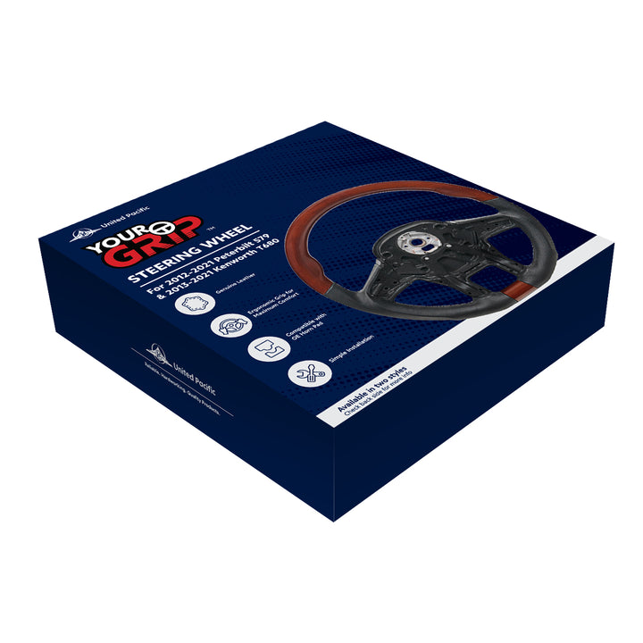 18" YourGrip Leather And Wood Steering Wheel For 2012-2021 Peterbilt 579 &amp; 2013-2021 Kenworth T680
