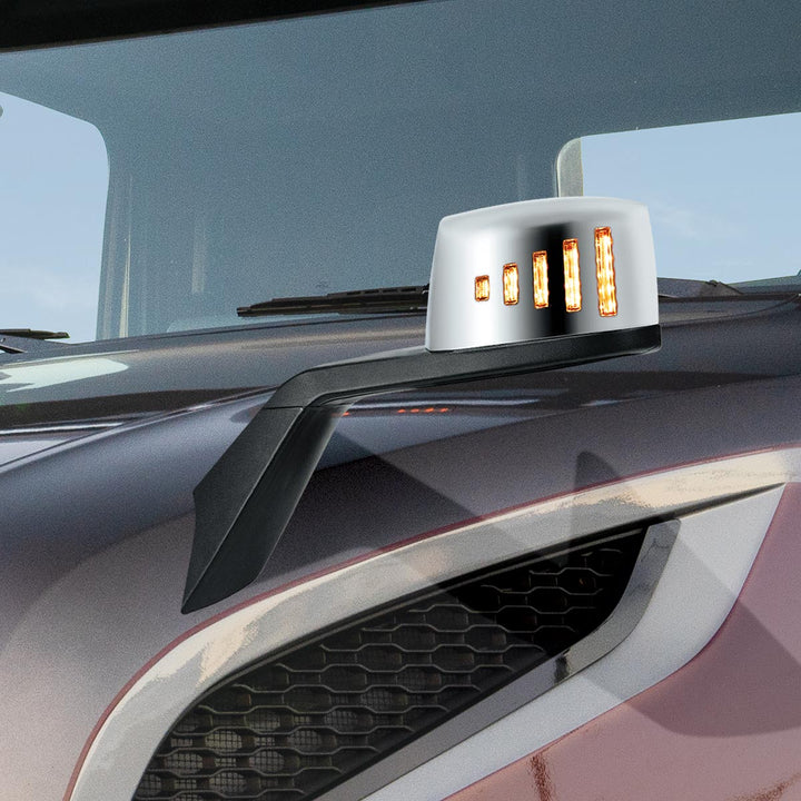 Hood Mirror Assembly W/LED Lights On Mirror Cover &amp; Glass For 2018-2024 Volvo VNL - Driver