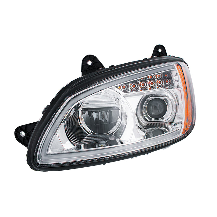 Chrome Full LED Projection Headlight With Turn Signal &amp; Position Light Bar For 2008-2017 Kenworth T660 - Driver