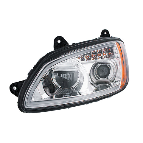 Chrome Full LED Projection Headlight With Turn Signal & Position Light Bar For 2008-2017 Kenworth T660 - Driver