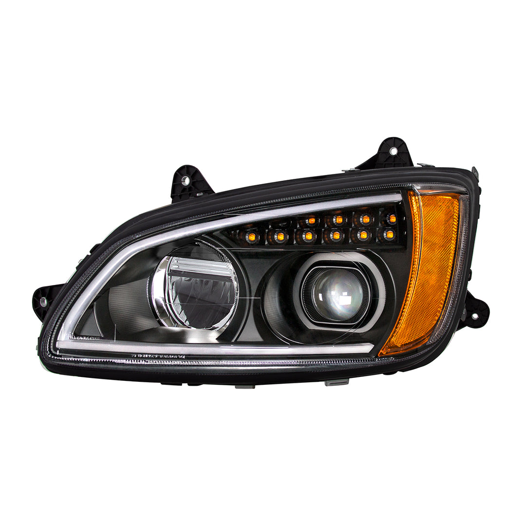 Black Full LED Projection Headlight With Turn Signal &amp; Position Light Bar For 2008-2017 Kenworth T660 - Driver