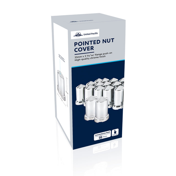33mm X 3-3/16" Chrome Plastic Pointed Nut Covers With Flange - Push-On (Color Box Of 20)