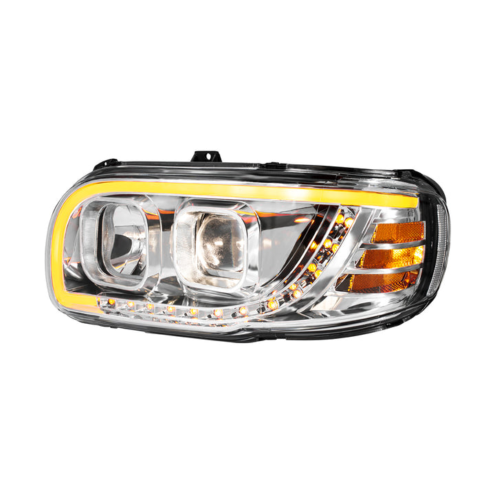 Chrome Projection Headlight With LED Turn Signal &amp; Light Bar For 2008-2024 Peterbilt 389-Driver