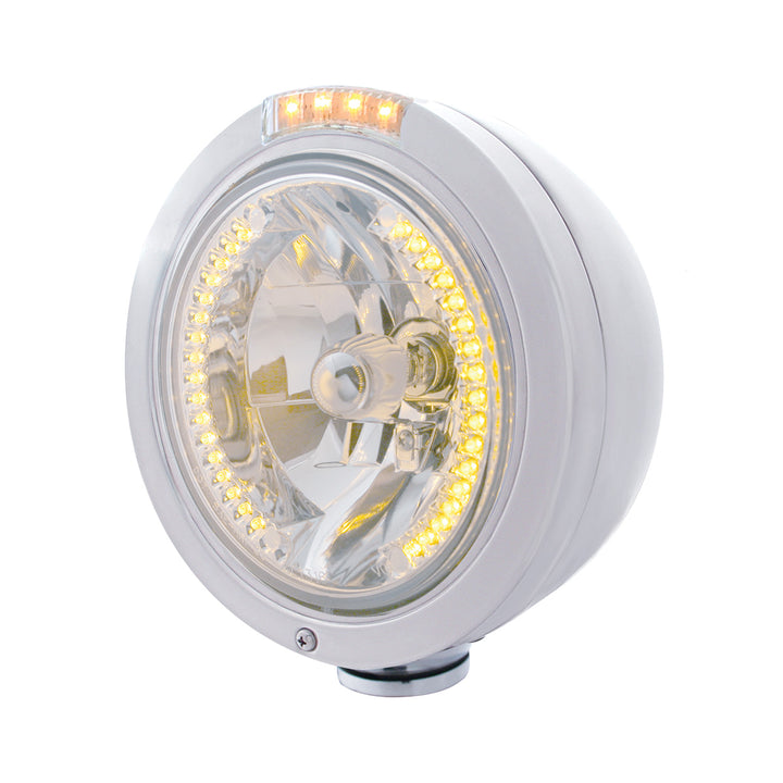 Stainless Steel Bullet Classic Headlight H4 With Amber LED &amp; Signal - Clear Lens
