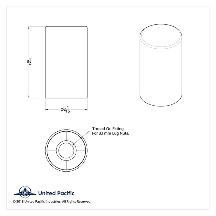 33mm x 3-1/2" Chrome Plastic Cylinder Nut Covers - Thread-On Pack of 10 United Pacific 10013