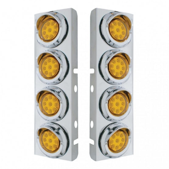 SS Front Air Cleaner Bracket With 8X 9 LED 2" Reflector Lights &amp; Visors For Peterbilt -Amber LED &amp; Lens