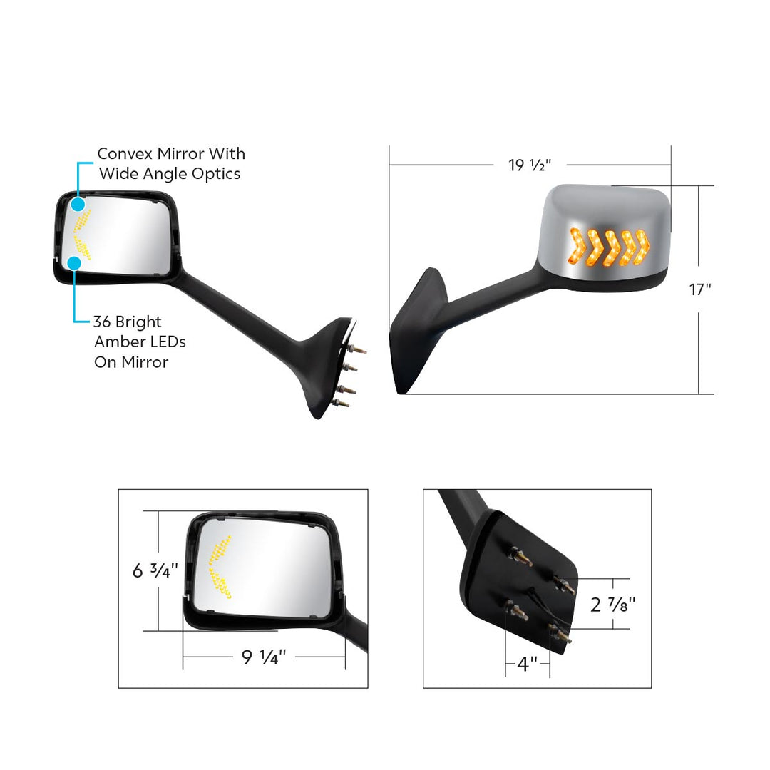 Chrome Plastic Hood Mirror Assembly With Sequential LED Turn Signals For 2018-2024 International LT-Driver