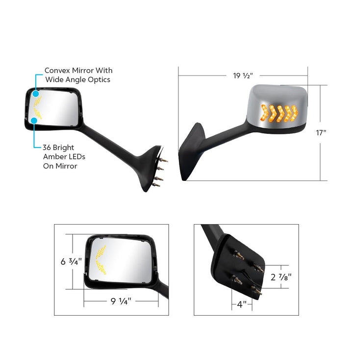 Chrome Plastic Hood Mirror Assembly With Sequential LED Turn Signals For 2018-2024 International LT-Driver