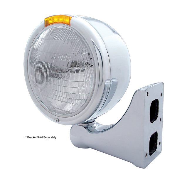 Stainless Steel Classic Half Moon Headlight 6014 Bulb & LED Turn Signal - Amber Lens