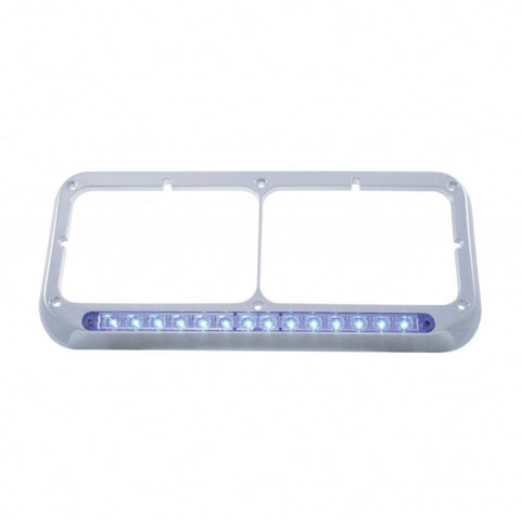 14 LED Chrome Rectangular Dual Headlight Bezel - Blue LED/Clear Lens