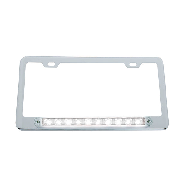 Chrome License Plate Frame With 10 LED 9" Light Bar - White LED/Clear Lens