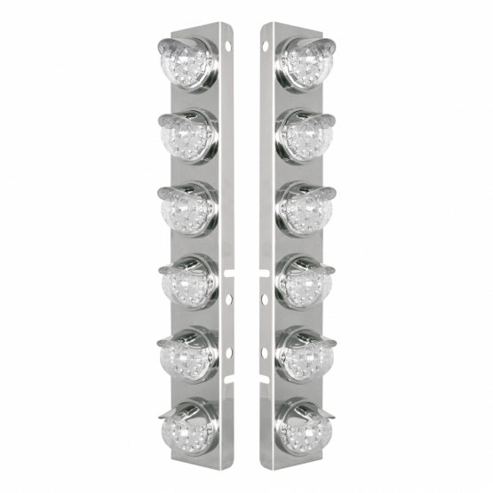 SS Front Air Cleaner Bracket With 12X 17 Amber LED Reflector Lights &amp; SS Visors For Peterbilt-Clear Lens