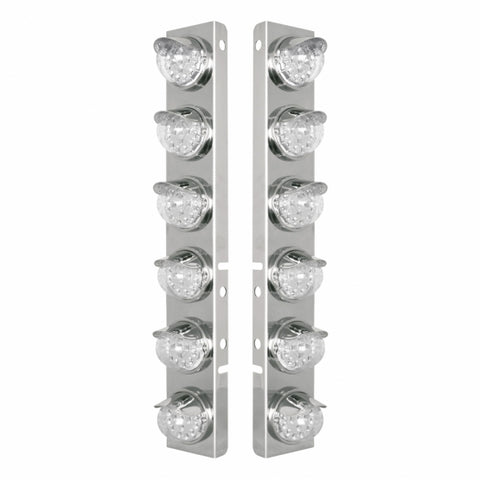 SS Front Air Cleaner Bracket With 12X 17 Amber LED Reflector Lights & SS Visors For Peterbilt-Clear Lens