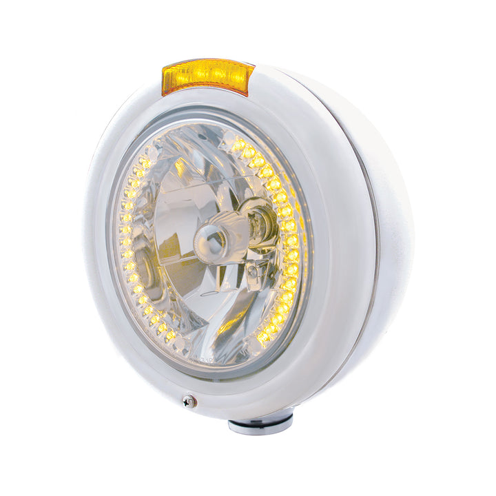 Stainless Steel Classic Headlight H4 With 34 Amber LED &amp; Dual Mode LED Signal - Amber Lens