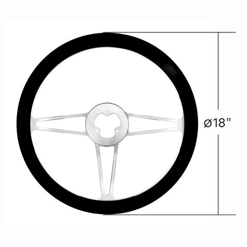 18" Chrome Aluminum "3-Spoke" Style Steering Wheel With Black Leather Rim