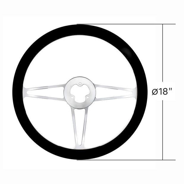 18" Chrome Aluminum "3-Spoke" Style Steering Wheel With Black Leather Rim