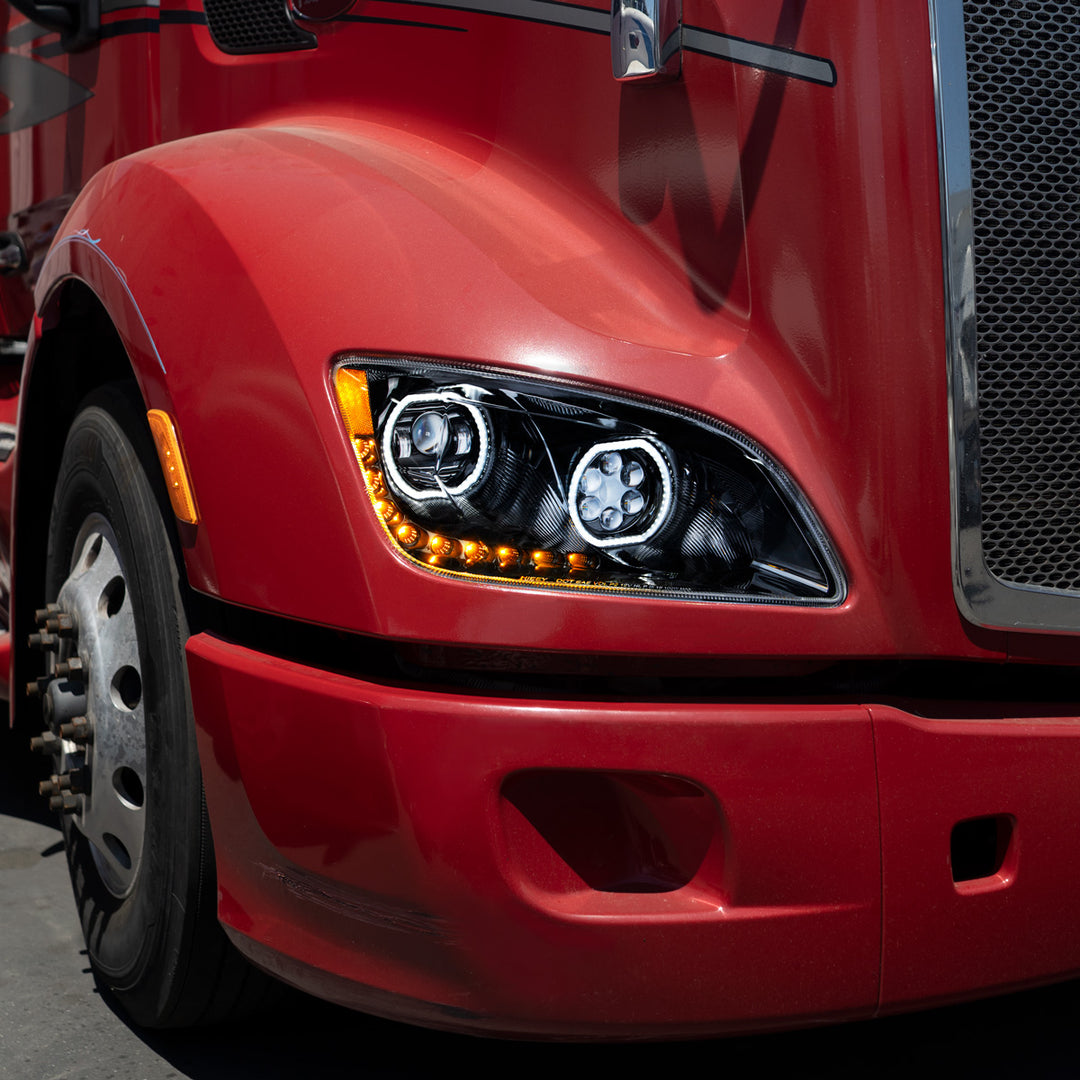 Black 10 LED Headlight For Peterbilt 587 (2010-2016) &amp; 579 (2012-2021) - Passenger Side