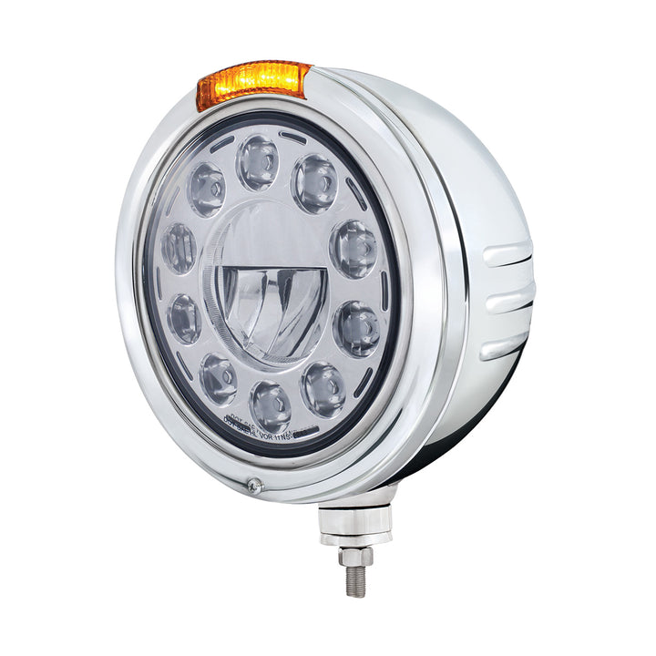 Stainless Steel Bullet Embossed Stripe Headlight 11 LED Bulb &amp; Dual Mode LED Signal-Amber Lens