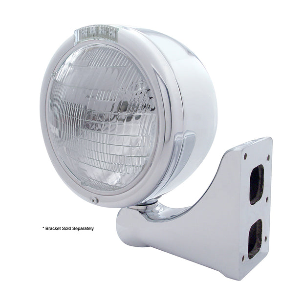 Stainless Steel Classic Half Moon Headlight 6014 Bulb & LED Turn Signal - Clear Lens