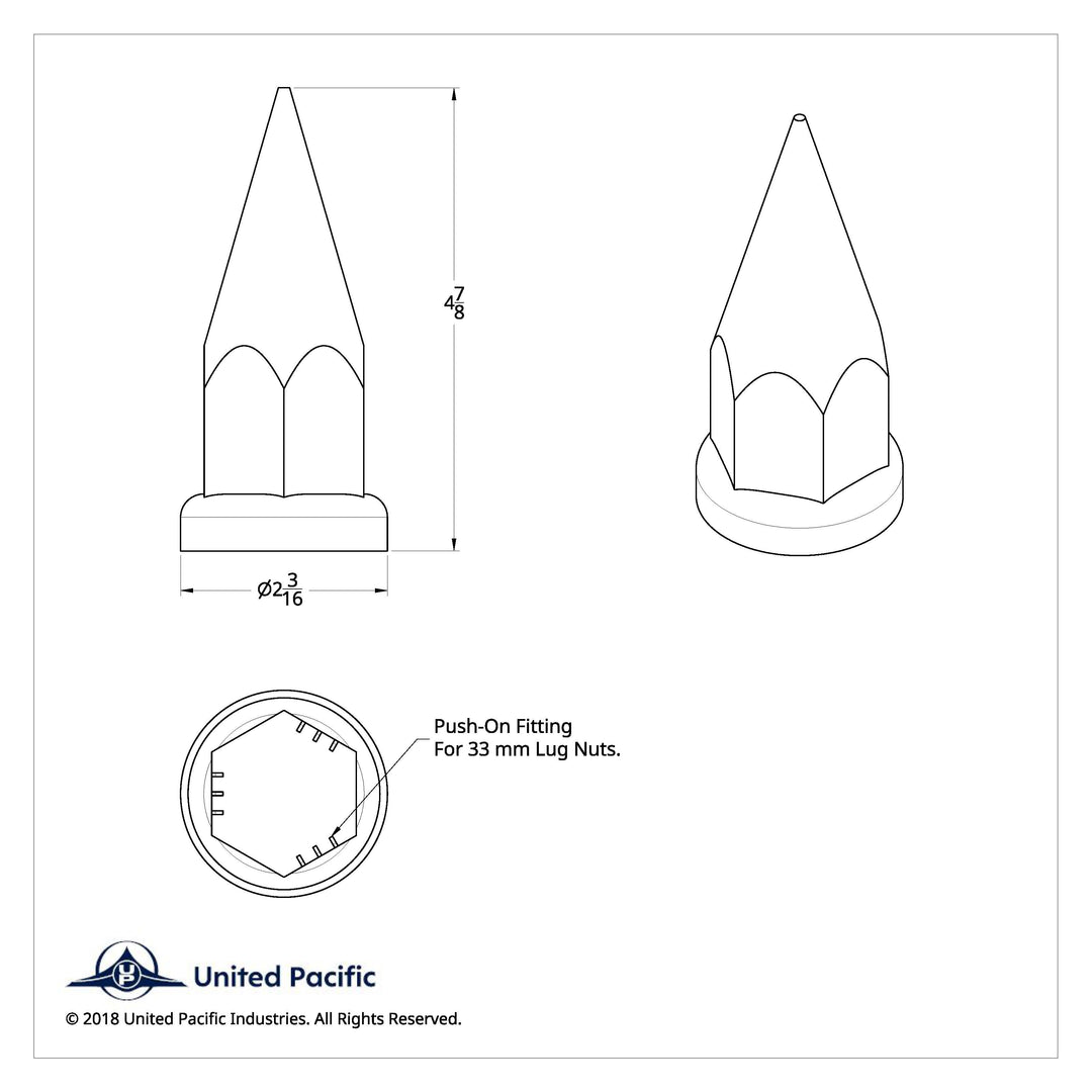 33mm x 4 7/8" Chrome Plastic Super Spike Nut Covers - Push-On (Box of 10) United Pacific 10570