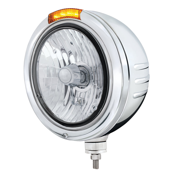 Stainless Steel Bullet Embossed Stripe Headlight Crystal H4 &amp; Dual Mode LED Signal-Amber Lens