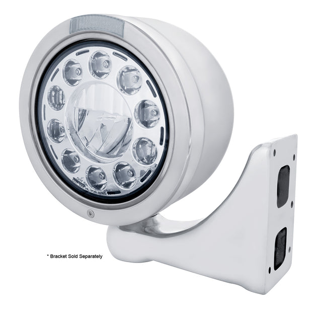 Stainless Bullet Half Moon Headlight 11 LED Bulb & Dual Mode LED Signal - Clear Lens