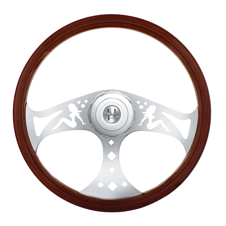 18" Lady Style Wood Steering Wheel With Hub &amp; Horn Button Kit For Peterbilt (2006+) &amp; Kenworth (2003+)